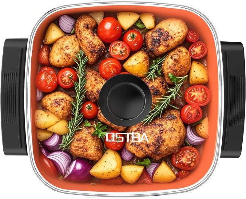 OSTBA Electric Skillet and Frying Pan with Glass Lid, 12"x12" Copper Nonstick Electric Pan for Cooking, 1500W Power, Cool Touch Handles, Adjustable Temperature, PTFE & PFOA Free - Image 1